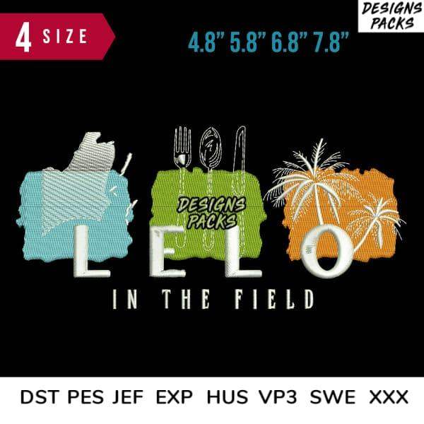 LELO in the Field embroidery design with 4 sizes, palm trees, fork & spoon, print-ready formats