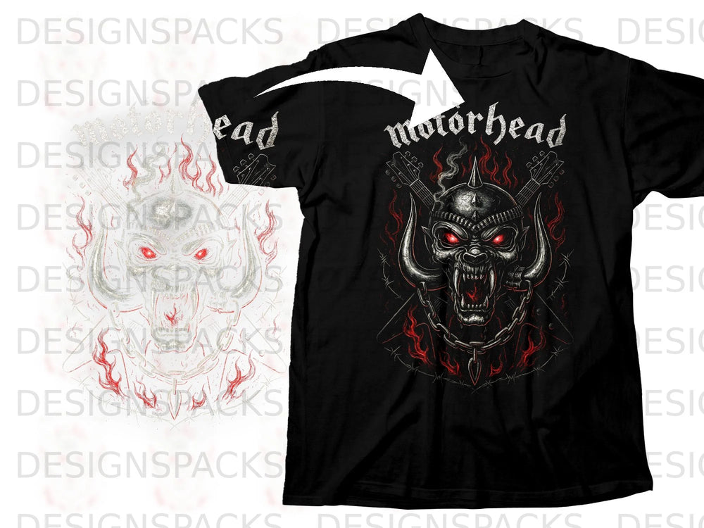 Black t-shirt featuring a snarling devil head graphic with horns, chains, and flames, and "Motorhead" text.