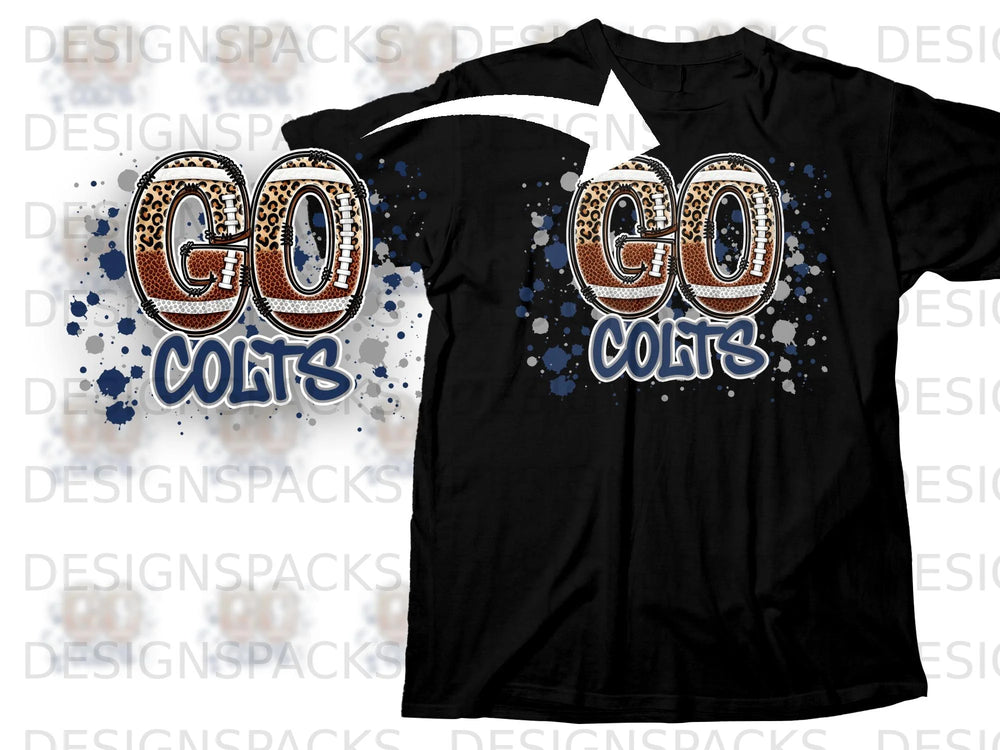 Black t-shirt with "GO COLTS" in footballs and leopard print with paint splatters.
