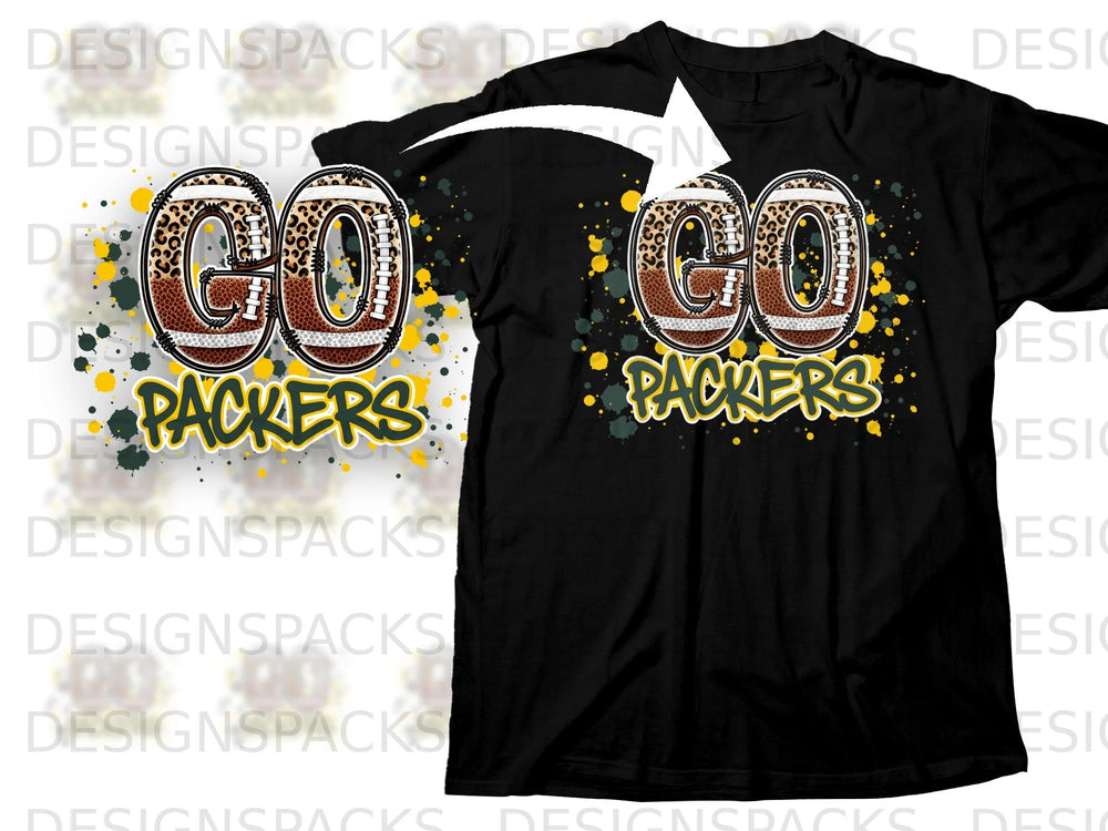 "GO PACKERS" text with footballs having leopard print on a black t-shirt.