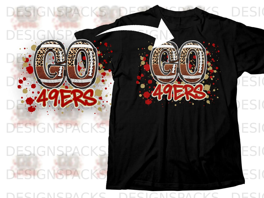 Go 49ers graphic with football and leopard print on black t-shirt.
