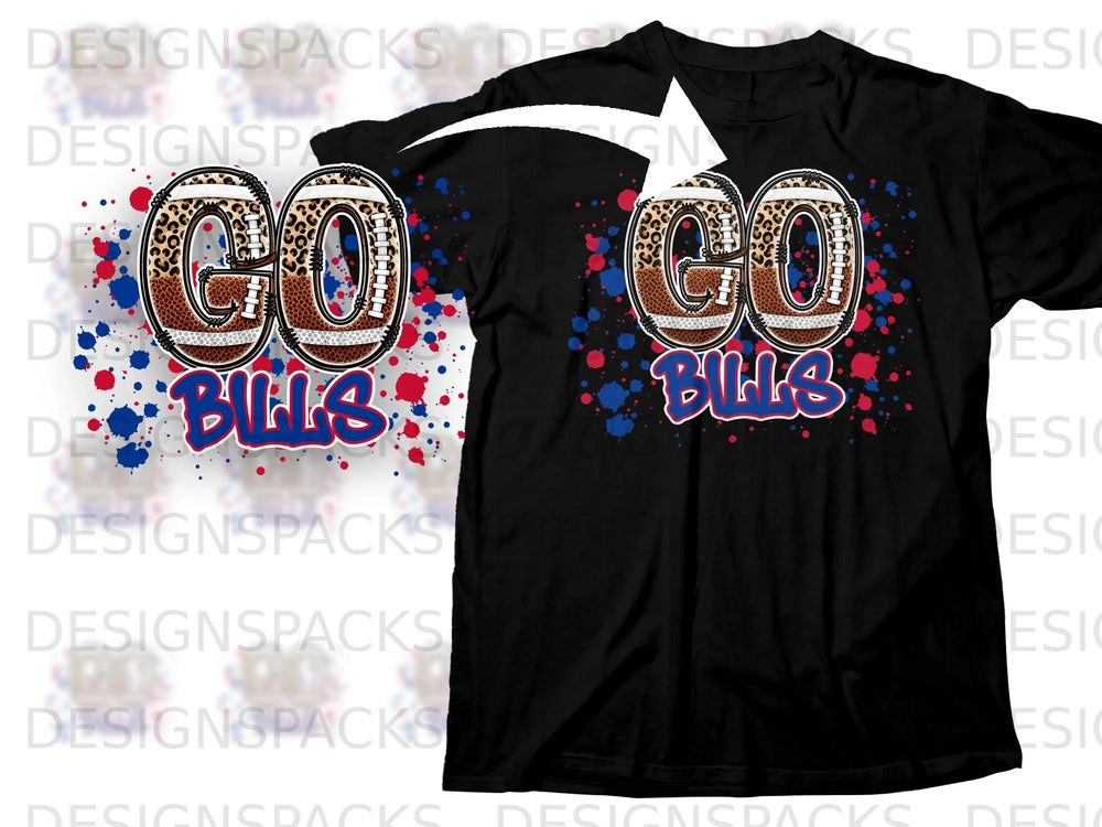 "GO BILLS" graphic on black t-shirt with red and blue paint splatters.