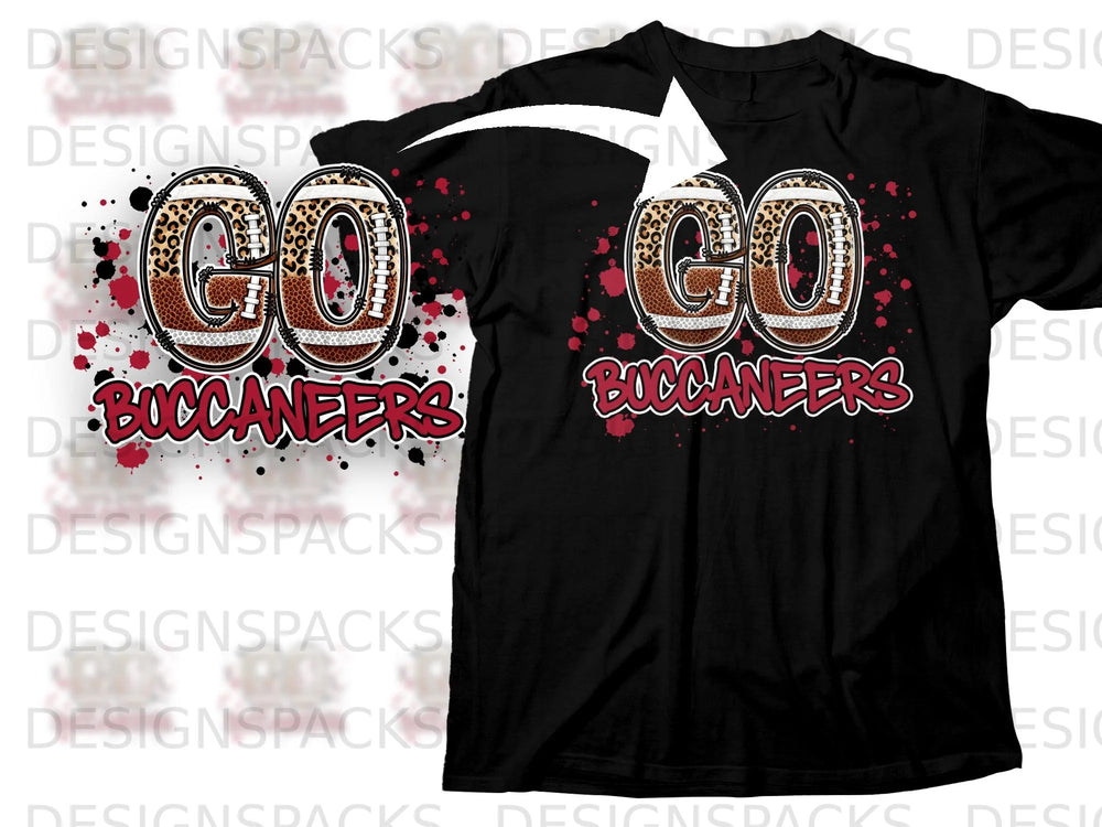 "GO Buccaneers" graphic on black t-shirt with football texture and leopard print.