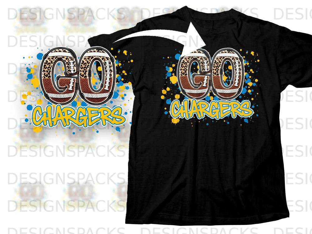Black t-shirt with "GO CHARGERS" text and football graphics.