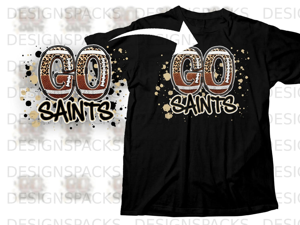 Black t-shirt with "GO SAINTS" football graphic and leopard print accents.