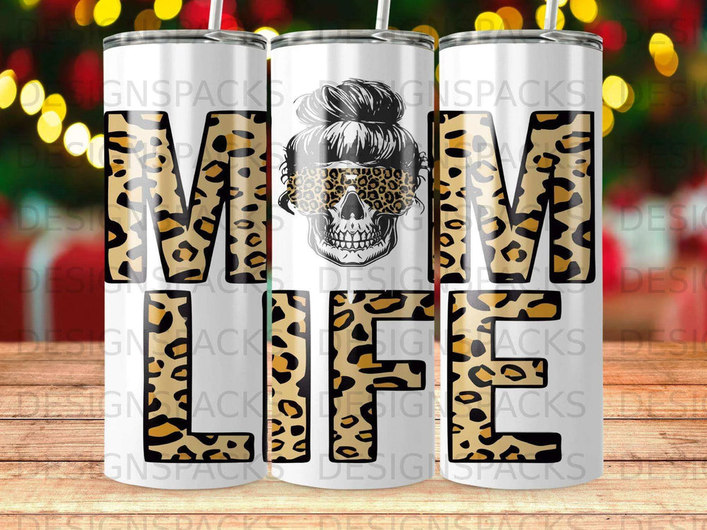 Leopard Print Mom Life Messy Bun Skull Tumbler Digital Wrap Design