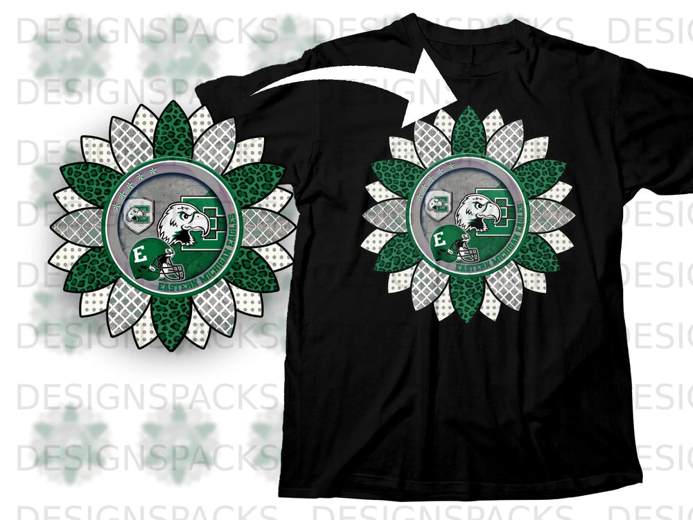 Sunflower graphic with Eastern Michigan Eagles logos on a black t-shirt.