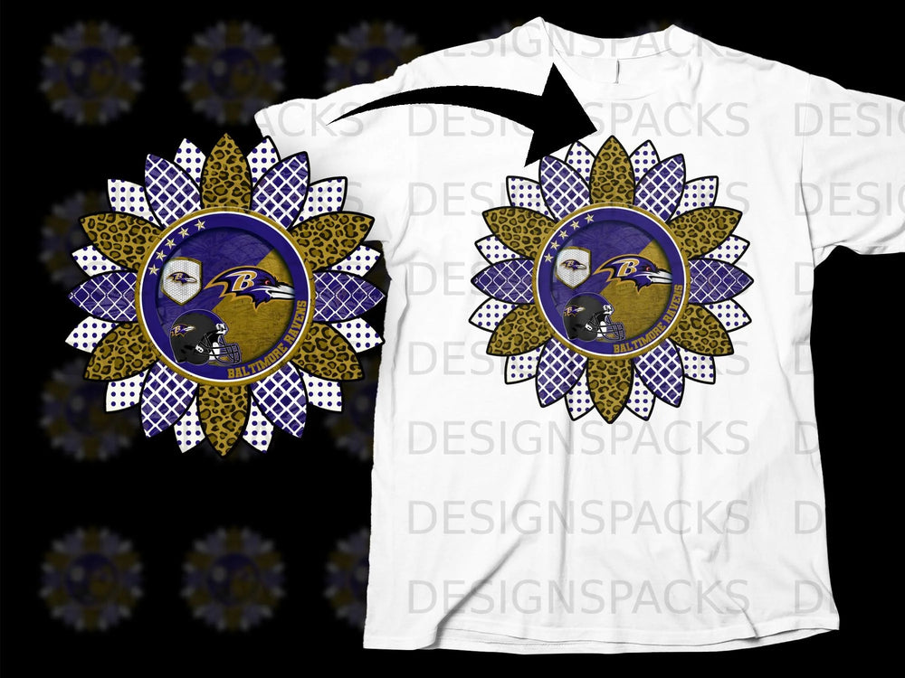 White T-shirt with a large, decorative Baltimore Ravens sunflower logo.