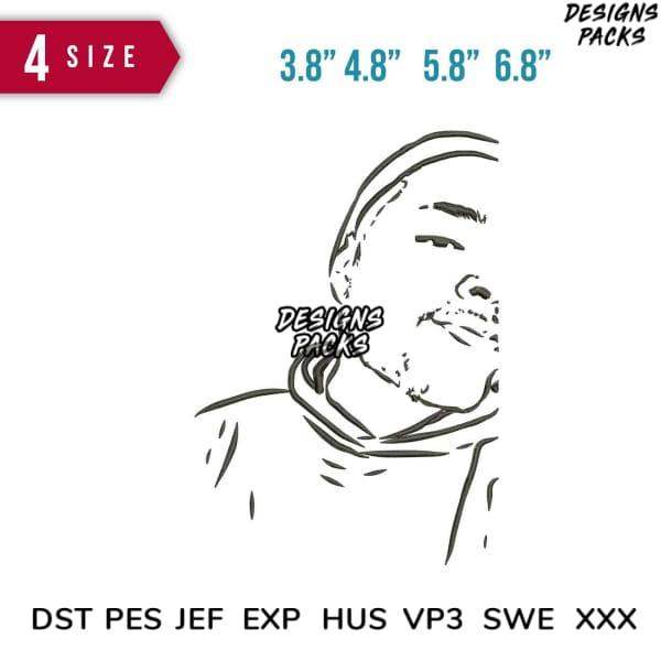 Embroidery design of smiling man in hoodie, 4 sizes, DST PES JEF formats, print-ready
