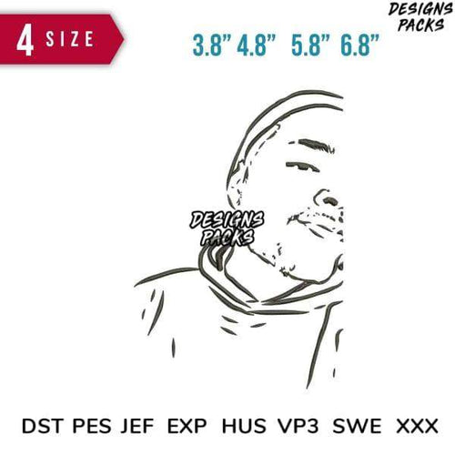 Embroidery design of smiling man in hoodie, 4 sizes, DST PES JEF formats, print-ready