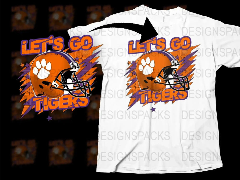 Let's Go Tigers Football Helmet Graphic T-Shirt, Orange and White Team Support Tee