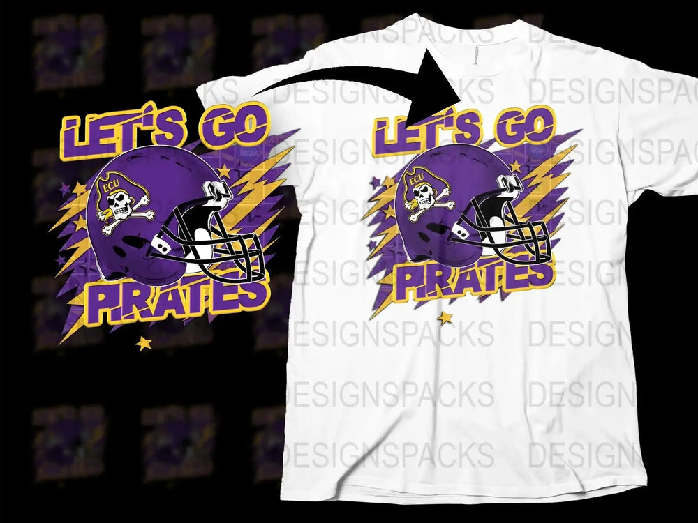 Let's Go Pirates Football Graphic T-Shirt, Purple and White Sports Tee, Youth and Adult Sizes Available, Team Spirit Wear