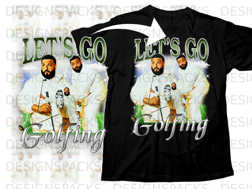 DJ Khaled graphic tee with "Let's Go Golfing" text and golf clubs.