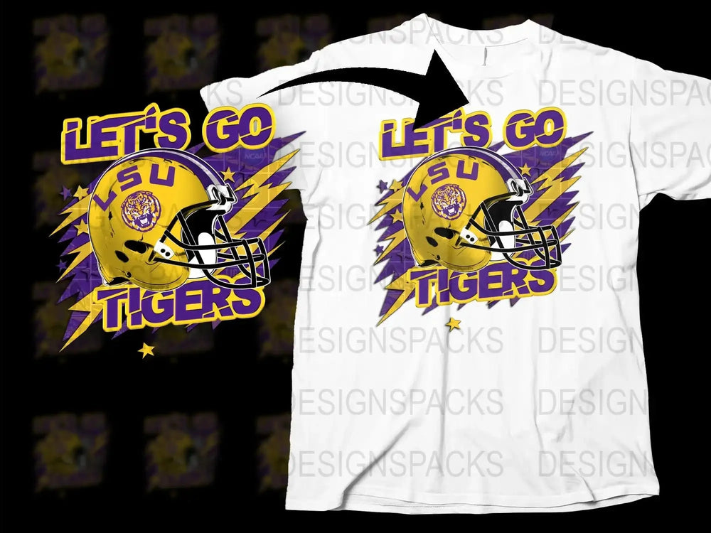 LSU Tigers Football T-Shirt, Let's Go Tigers Graphic Tee, College Sports Fan Apparel, Purple and Gold Helmet Design