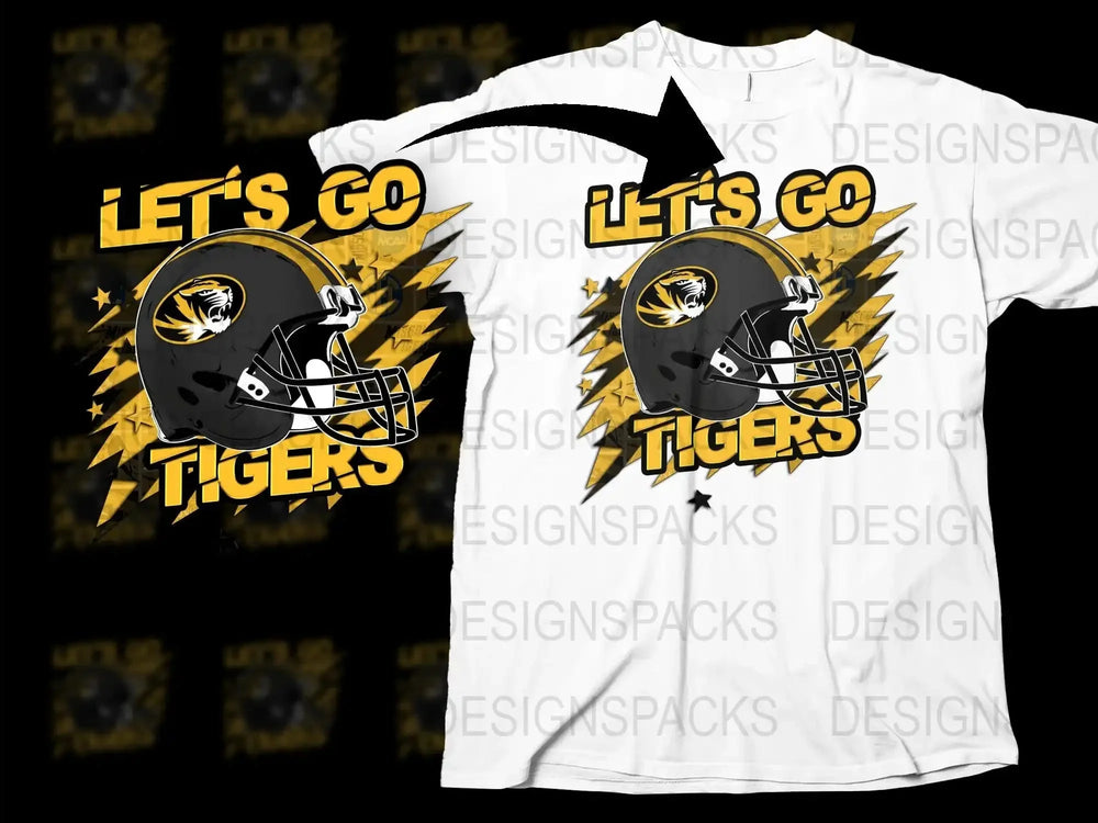 Let's Go Tigers Football Helmet Graphic T-Shirt, Sports Fan Apparel, Black and Yellow Team Spirit Tee
