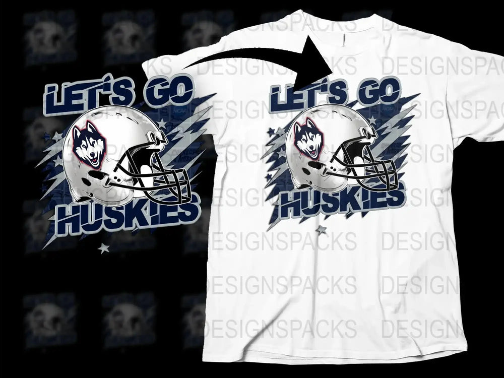 Let's Go Huskies Football T-Shirt, White Graphic Tee, Sports Team Fan Apparel, College Football Shirt, Trendy Sports Gear, Casual Wear