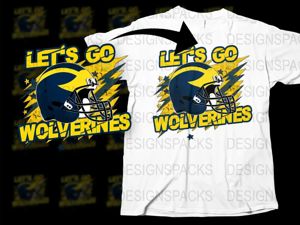 Let's Go Wolverines Football T-Shirt, Yellow and Blue Graphic Tee, Sports Fan Apparel