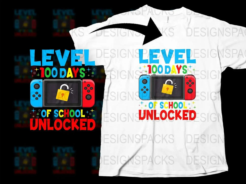 Kids Gaming T-Shirt Level 100 Days of School Unlocked Graphic Tee Boys Girls