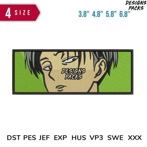 Anime-style embroidery design with green background, available in multiple sizes and formats