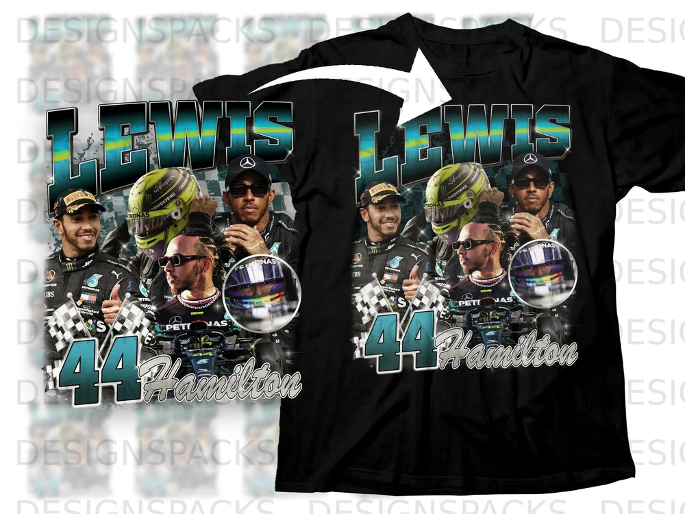 Lewis Hamilton graphic with racing cars, checkered flags, and text "44 Hamilton".