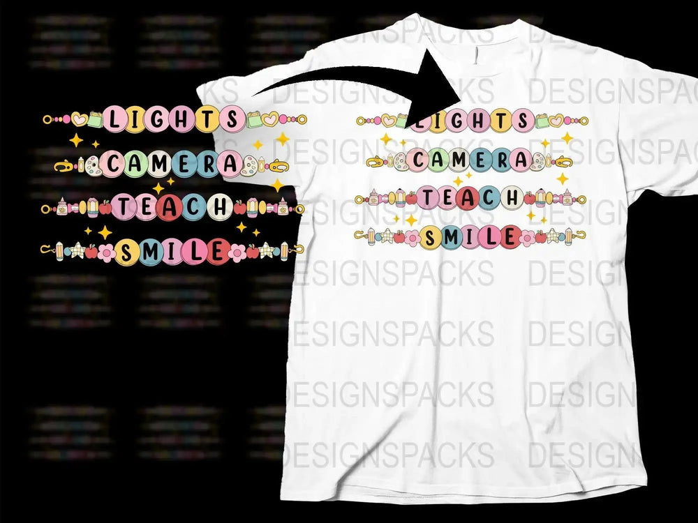 Colorful Teacher T-Shirt, Lights Camera Teach Smile Graphic Tee, Fun Educator Gift, Bright Typography, Star and Flower Details