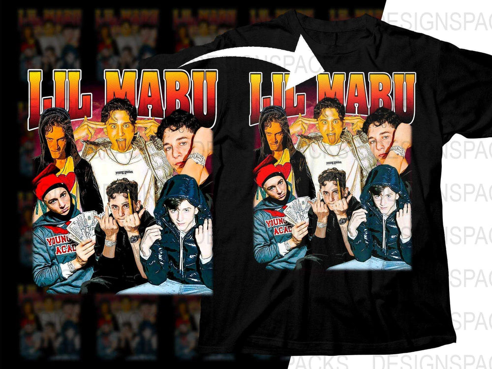 Lil Maru group graphic t-shirt design, print-ready PNG for DTF/DTG, featuring bold text and stylized portraits
