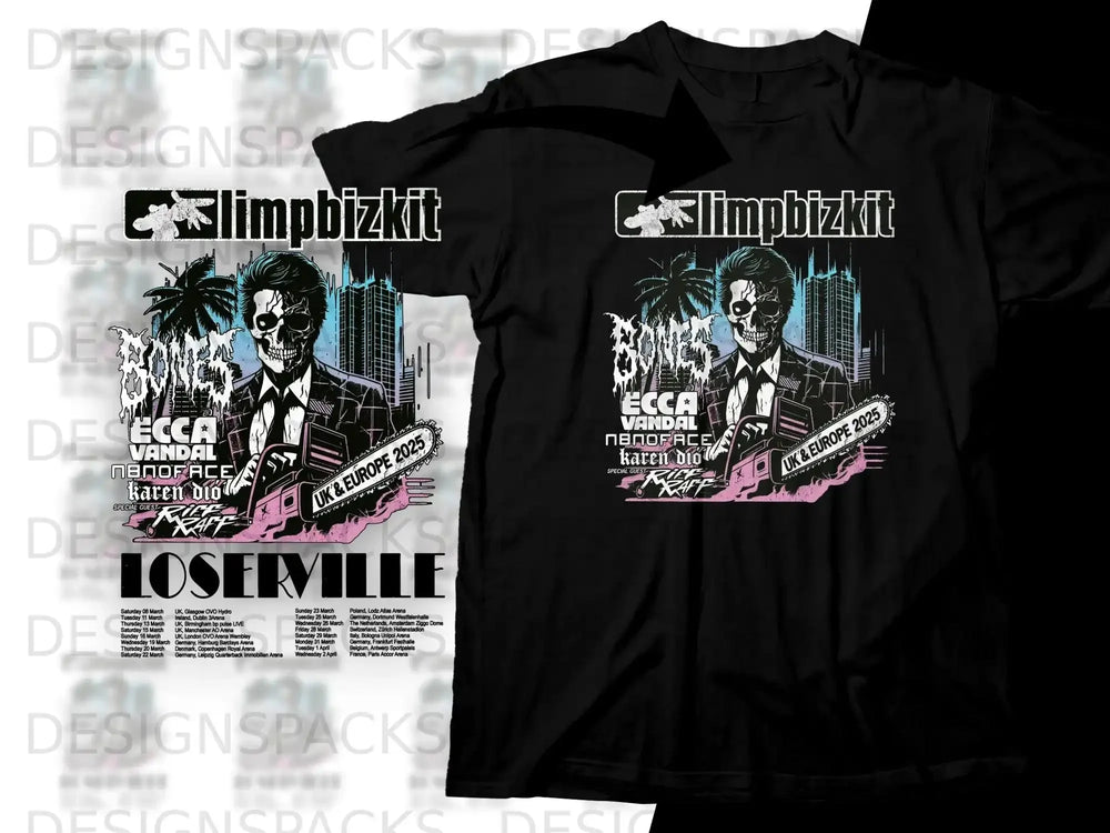 Limp Bizkit "Bones, Decca, Vandal, Nanopace" UK & Europe 2025 tour shirt.