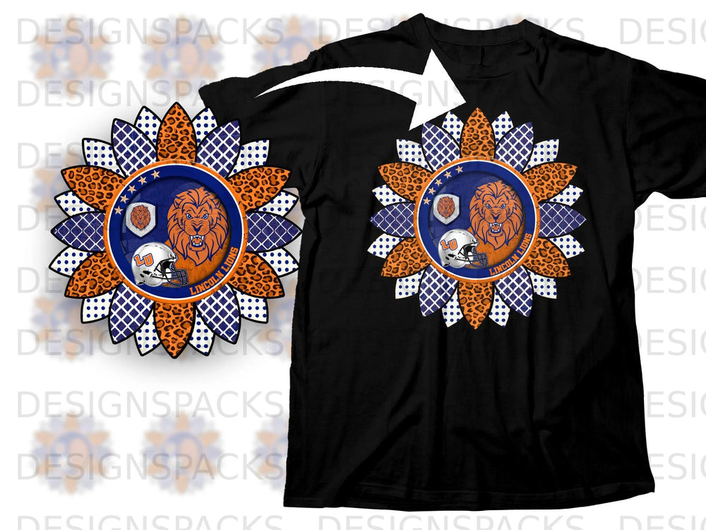 Sunflower design with lion logo and football helmet on black t-shirt.