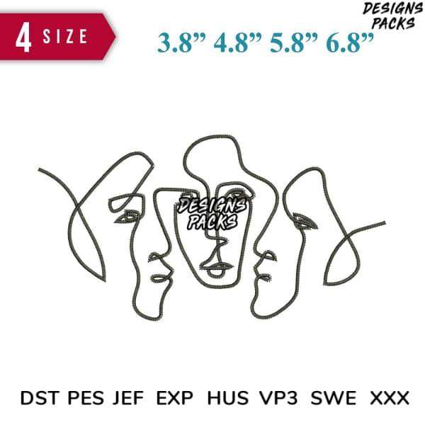 Abstract line art face embroidery design in 4 sizes, compatible with DST PES JEF formats for instant download.