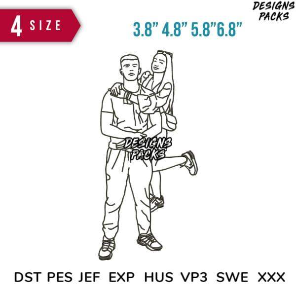 Couple embrace embroidery design in 4 sizes, DST PES JEF formats, print-ready for DTG/DTF