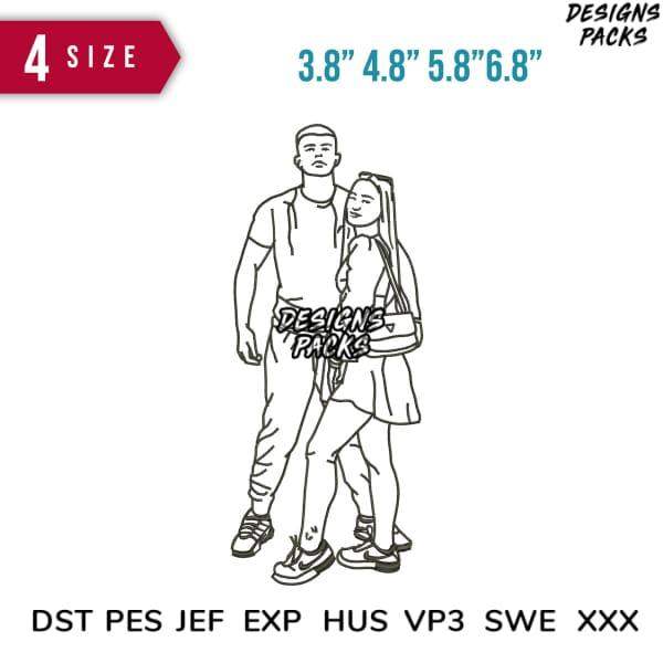 Couple line art design for embroidery, available in DST PES JEF formats, 4 sizes up to 6.8 inches