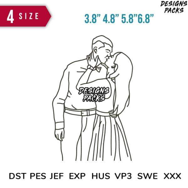 Romantic couple line art design for embroidery, available in 4 sizes & formats like PES, DST, EXP