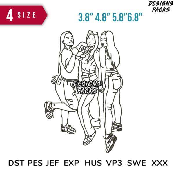 Print-ready embroidery design of three women in casual poses, available in 4 sizes and multiple formats