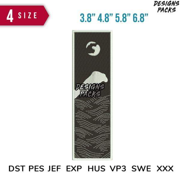 Embroidery design with moon, mountain, and waves in 4 sizes, compatible with DST PES JEF formats