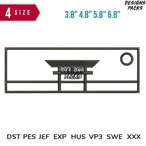 Embroidery design with torii gate and 'Designs Packs' text, available in multiple sizes and formats