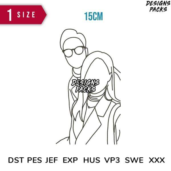 15cm couple line art design for embroidery, DTF, DTG — PES, DST, EXP formats included