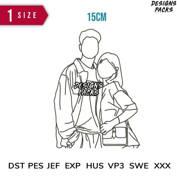 15cm couple line art design for embroidery, DTF, DTG — DST PES JEF formats included