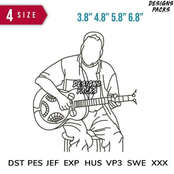Guitarist line art design for embroidery, available in 4 sizes & formats like DST, PES, EXP for instant download