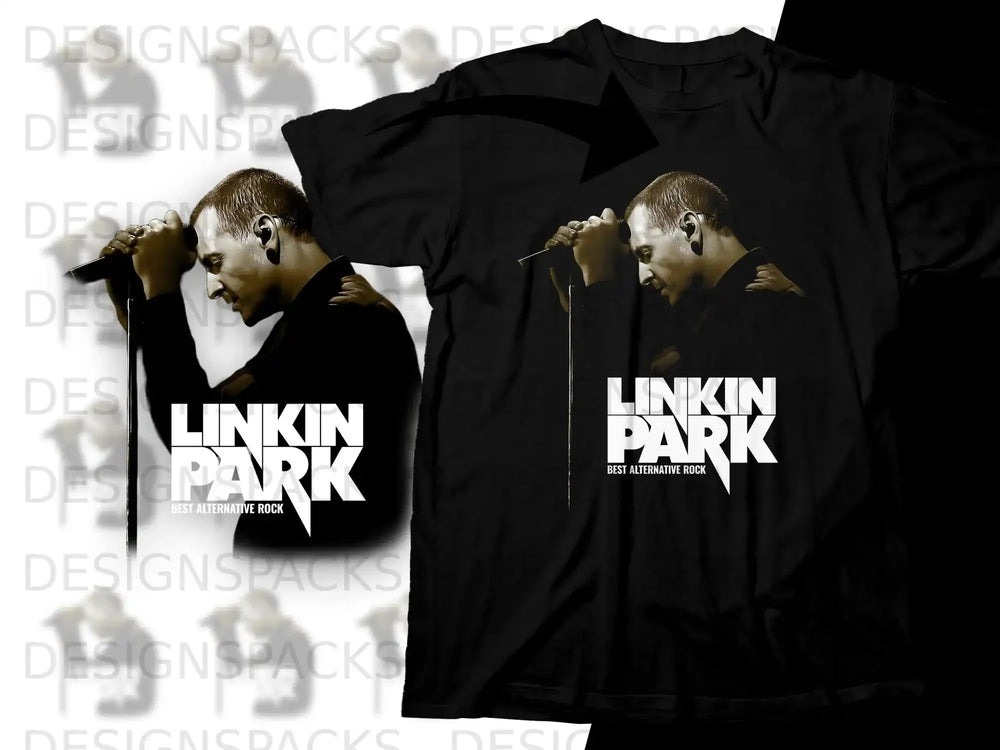Linkin Park logo and band member on a black t-shirt.