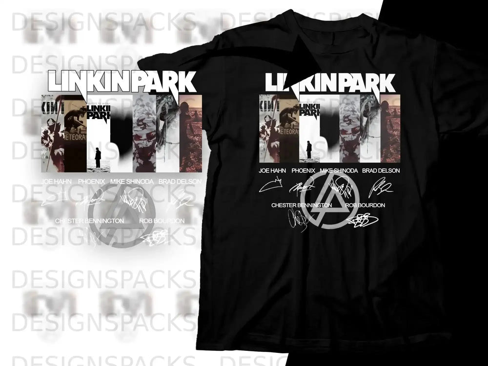 Linkin Park Meteora album art with band member names and signatures on black t-shirt.