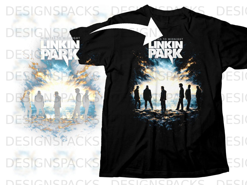 Black t-shirt with Linkin Park Minutes to Midnight album art and band silhouette.