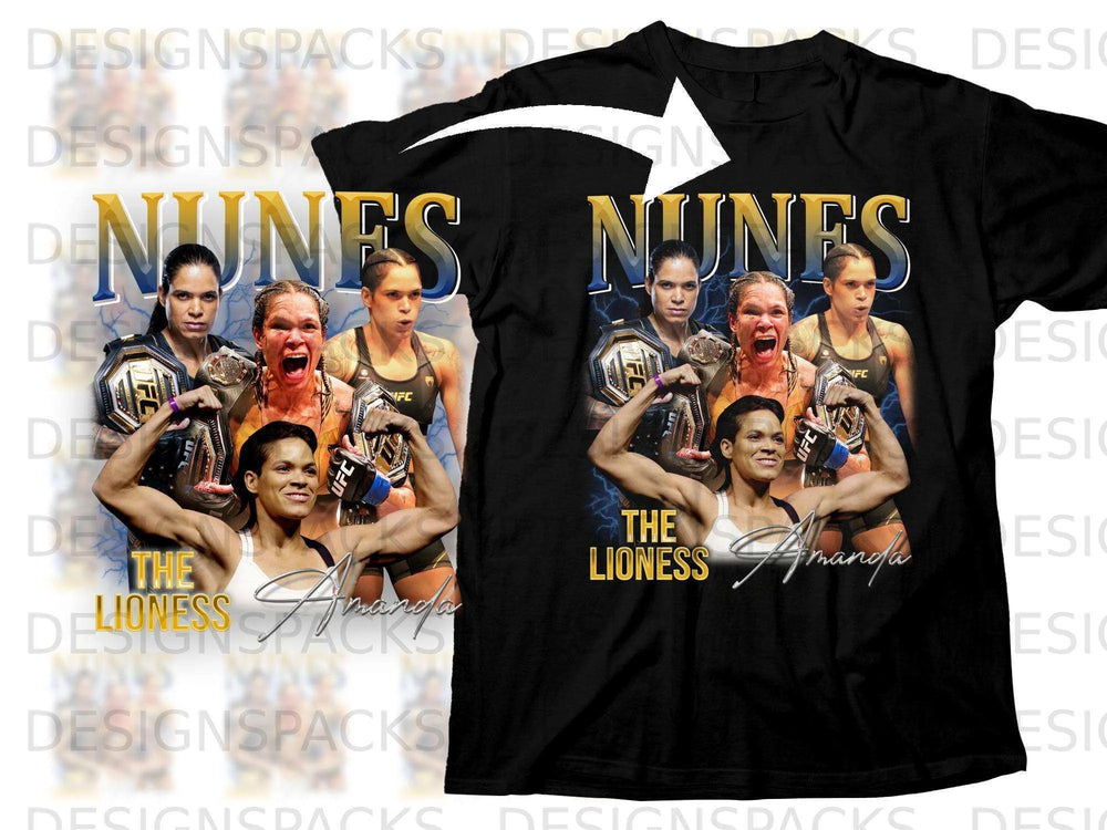 Black t-shirt with graphic of Amanda Nunes holding championship belts.