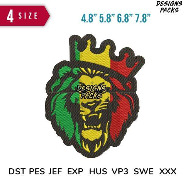Rasta lion head embroidery design in 4 sizes, compatible with DST PES JEF EXP formats for instant download