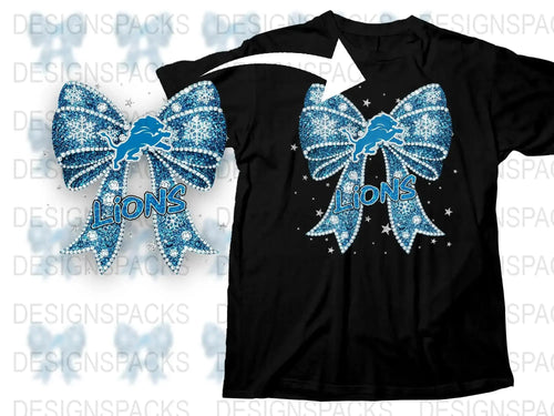 Detroit Lions Cheer Bow T-Shirt, Rhinestone Blue Bow, NFL Team Fan Gear, Sparkly Sports Apparel, Unisex Black Tee