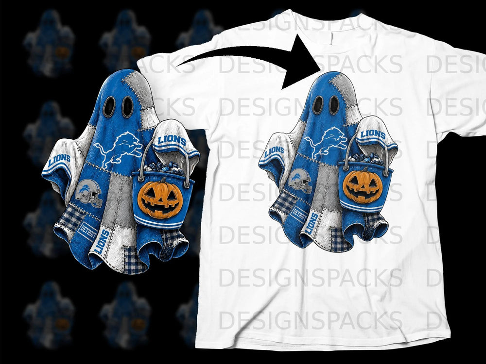 Detroit Lions themed ghost holding candy bucket with pumpkin.