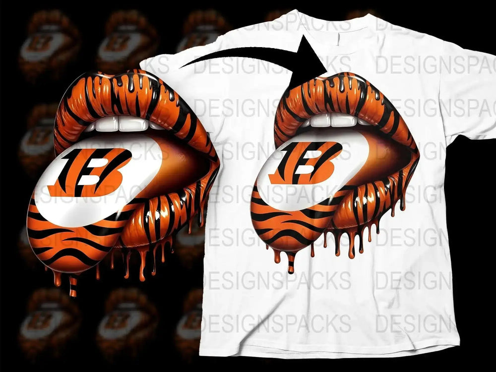 Bold Orange Lip Print T-Shirt, Dripping Tiger Stripe Graphic Tee, Unique Sports Fan Apparel