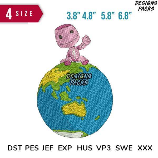 Pink cartoon character waving atop embroidered globe, available in 4 sizes & multiple file formats