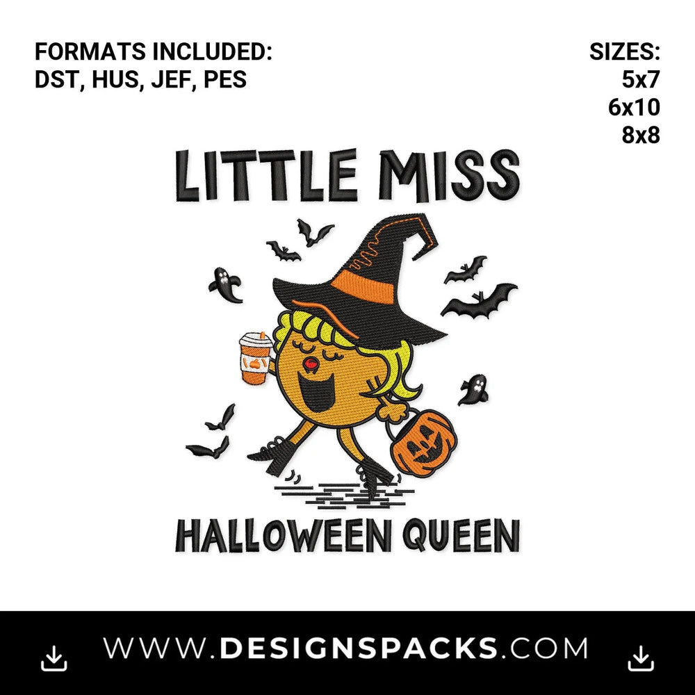 Little Miss Halloween Queen Witch Embroidery Design - Instant digital download pattern at Designspacks.com