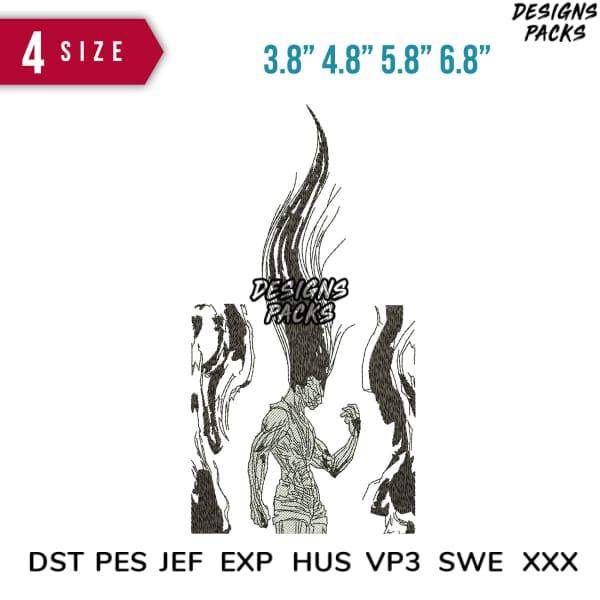 Embroidery design of muscular figure with flame hair, available in DST PES JEF formats, 4 sizes