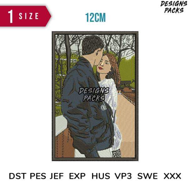 Romantic couple embroidery design, 12cm, print-ready PES DST formats for apparel